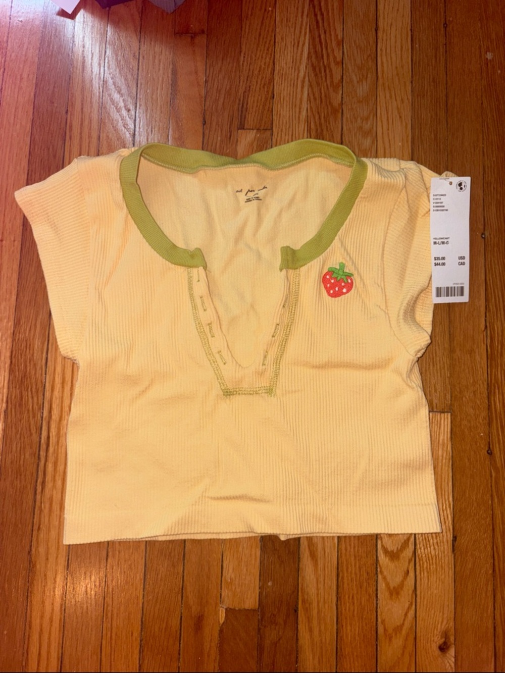 Urban Outfitters Yellow Ribbed Crop Top with Green Trim & Strawberry Patch